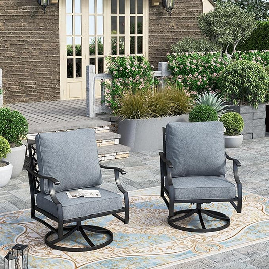 HERA'S HOUSE Outdoor Chairs Set of 2, 2 x Patio Chair with Grey Cushions, All Weather Outdoor Furniture for Lawn Garden Backyard Deck(Swivel Chairs)