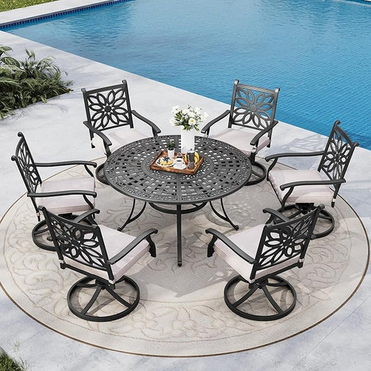MFSTUDIO Retro Cast Aluminum Patio Dining Set with 6 Swivel & Rock Chair and 1 54" Round Outdoor Dining Table, Outdoor Table and Chairs Set of 6