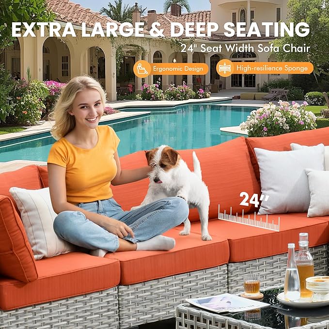 Outdoor Sectional Patio Furniture Set with Swivel Rocking Chairs,10 Pieces Wicker Conversation Sets L Shaped Couch Out Door Sofa Set Outside Furniture for Garden Deck Yard Porch,Orange