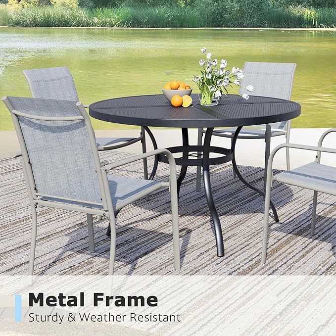 5 Pieces Round Dining Table Set for 4, Patio Dining Set Includes 4 Beige Blue Stackable Patio Chairs and 1 Black Mesh Round Table, Patio Furniture Sets with Sling Support for Outside, Garden