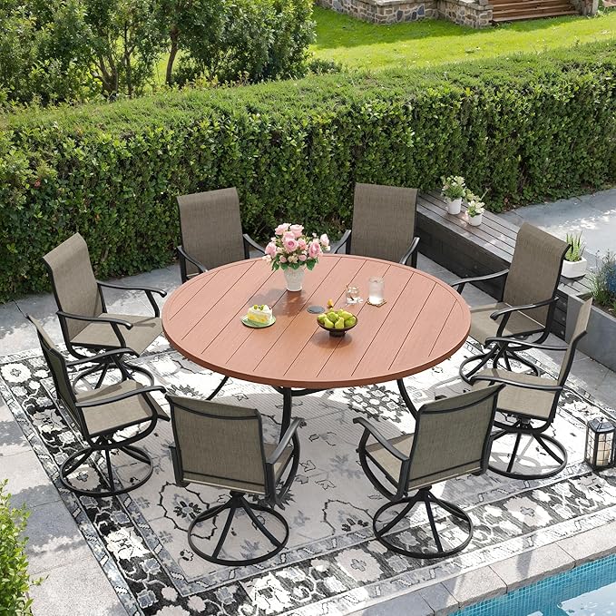 DIFY 9 Pieces Outdoor Patio Dining Set, 8 Brown Textilene Swivel Dining Chairs and 60" Walnut Round Metal Dining Table, Outdoor Table and Chairs