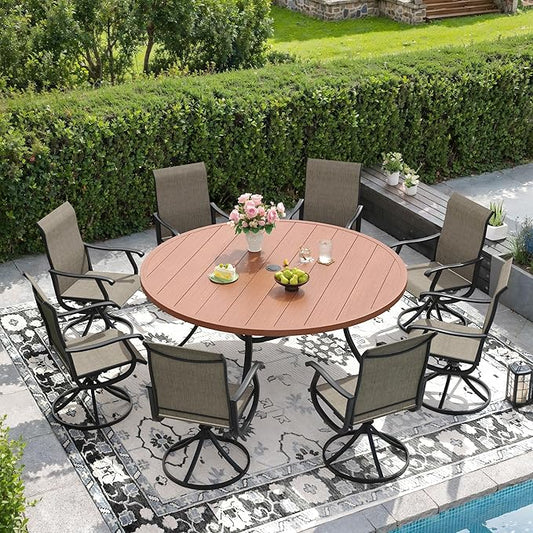 DIFY 9 Pieces Outdoor Patio Dining Set, 8 Brown Textilene Swivel Dining Chairs and 60" Walnut Round Metal Dining Table, Outdoor Table and Chairs
