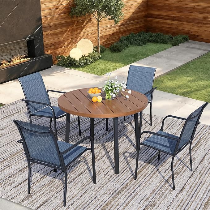 5 Pieces Round Dining Table Set for 4, Patio Dining Set Includes 4 Dark Blue Stackable Patio Chairs and 1 Walnut Round Table, Patio Furniture Sets with Sling Support for Outside, Garden