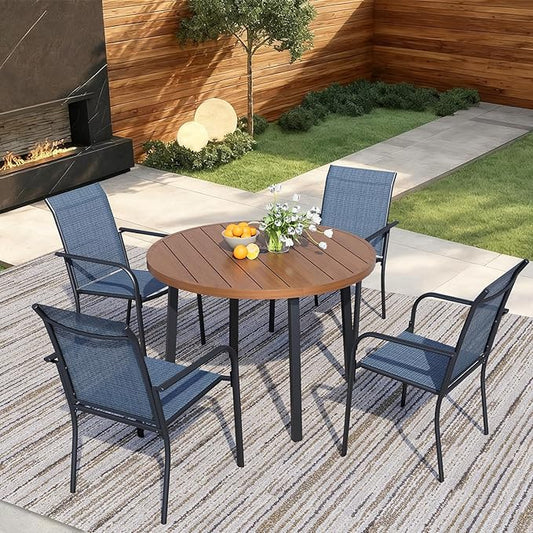5 Pieces Round Dining Table Set for 4, Patio Dining Set Includes 4 Dark Blue Stackable Patio Chairs and 1 Walnut Round Table, Patio Furniture Sets with Sling Support for Outside, Garden
