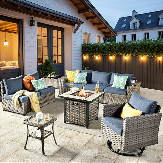 ovios 9 Pieces Patio Furniture Set, Outdoor Wicker Sectional Sofa with 30" Fire Pit Table Swivel Chair, Modern Modular Deep Seat Rattan Couch Conversation Sets, Denim Blue