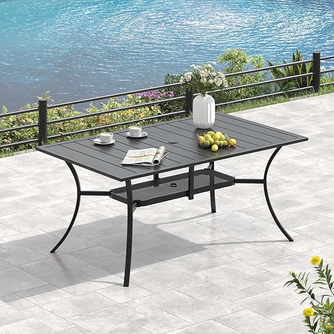 VICLLAX 7 Pieces Outdoor Dining Set, Patio Furniture Set of 6 Patio Swivel Dining Chairs and Rectangular Patio Table with Storage Shelf, Navy Blue Chairs & Black Tabletop