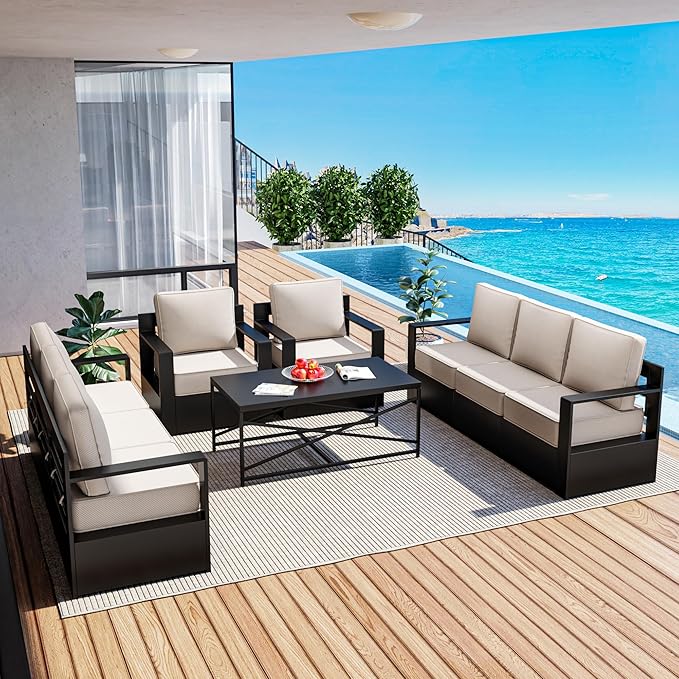 Outdoor Patio Furniture Set, 5-Piece Aluminum Patio Conversation Set All-Weather Metal Outdoor Sectional with 6 Inch Thick Cushions, Deep Setting for Garden, Outside and Porch
