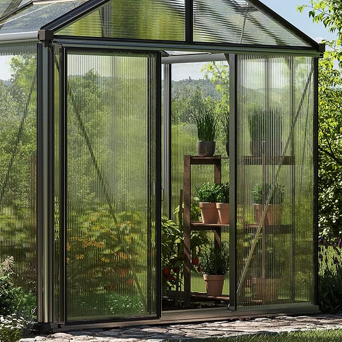 Greenhouse Diamas 23 Premium 7.7 x 12.6 ft with Approx. 16 mm Polycarbonate Panels, Natural Aluminum Color, with 2 Automatic Vent Openers