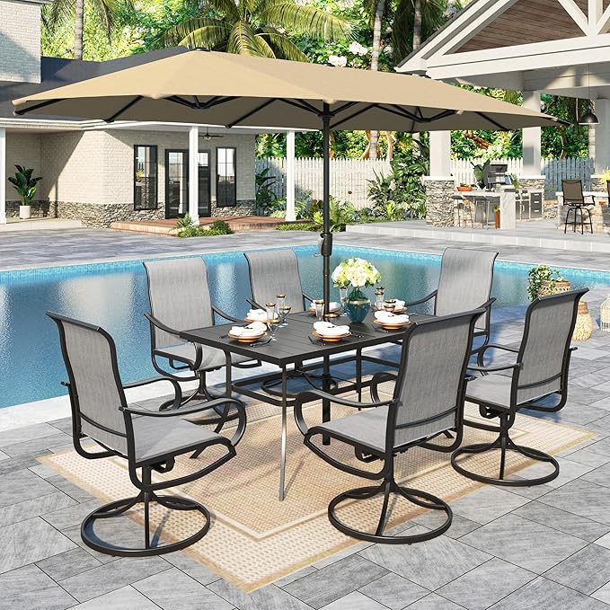 Sophia & William Patio Set with Umbrella 8 Pieces Outdoor Dining Set for 6 with 13ft Large Patio Umbrella Beige, 6 x Grey Swivel Patio Chairs with 59" Dining Table for Lawn Garden