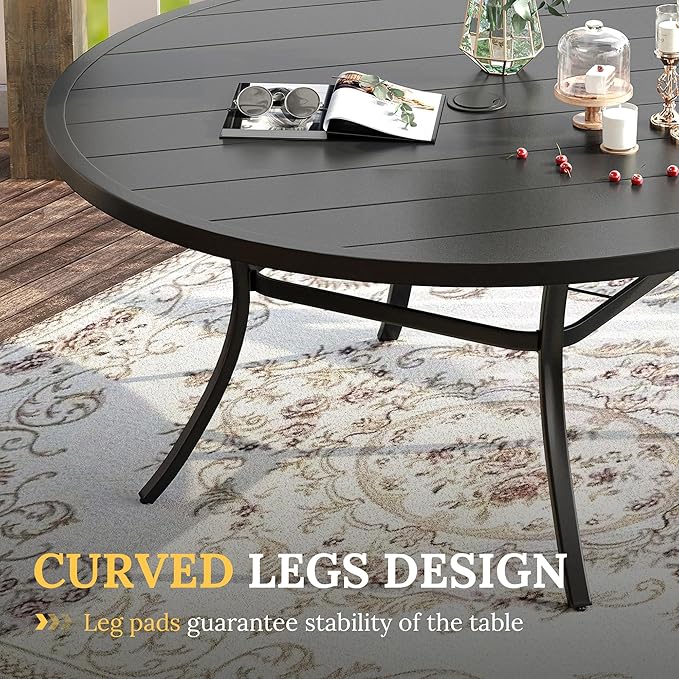 VICLLAX Patio Dining Set for 8, 9 Pieces Outdoor Furniture Includes 60" Round Patio Table with Umbrella Hole and 8 Outdoor Swivel Chairs for Lawn Garden, Black Tabletop and Dark Grey Fabric