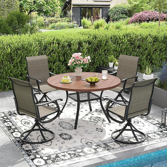 DIFY 5 Pieces Outdoor Patio Dining Set, 4 Brown Textilene Swivel Dining Chairs and 40.6" Walnut Round Dining Table, Metal Outdoor Table and Chairs