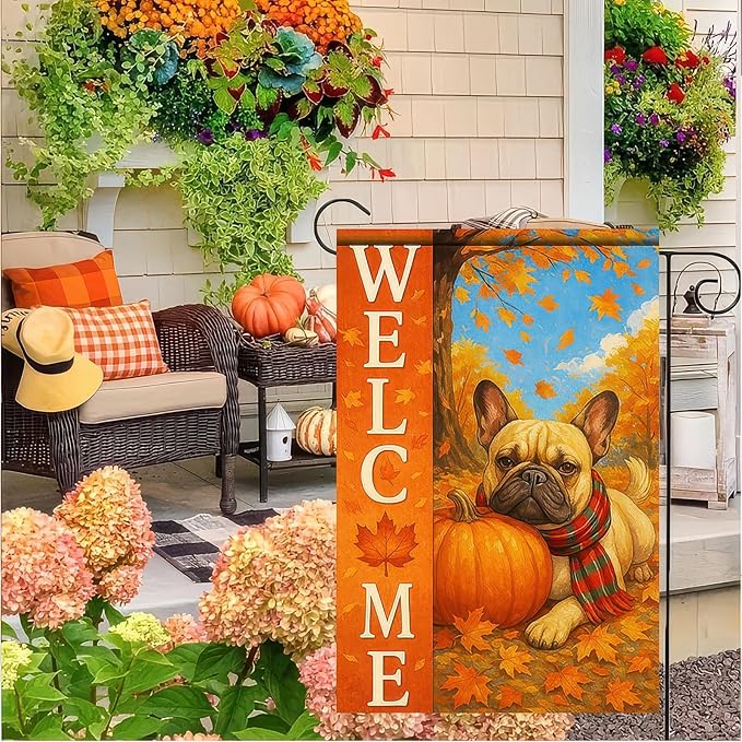 Thanksgiving Fall Garden Flag 12x18 Inch Welcome French Bulldog Dog Outdoor Flag Double Sided Autumn Yard Banner with Pumpkin Plaid Scarf Decor for Porch Lawn Patio