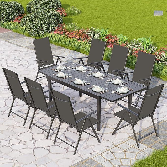PHI VILLA 9 Piece Outdoor Dining Set, All Weather Furniture Patio Table and Chairs for 8 with Adjustable Lightweight Patio Folding Dining Chairs (Black) & Extendable Metal Table for Garden, Yard