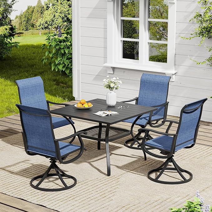VICLLAX 5 Pieces Outdoor Dining Set, Patio Furniture Set of 4 Patio Swivel Dining Chairs and Square Patio Table with Storage Shelf, Navy Blue Chairs & Black Tabletop