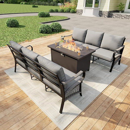 3 Pieces Patio Conversation Sets, All Weather Metal Outdoor Furniture Set, 2 Three-Seater Sofas, 1 Fire Pit Table for Backyard Garden Deck Porch Poolside, Gray