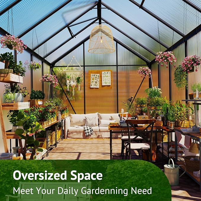 10x6ft Polycarbonate Greenhouse, Heavy Duty Walk-in Aluminum Greenhouse for Outdoors, Plants Backyard，with Ventilation Window, Rain Gutter, Sliding Door Black