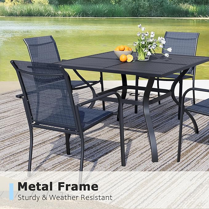 5 Pieces Sqaure Dining Table Set for 4, Patio Dining Set Includes 4 Dark Blue Stackable Patio Chairs and 1 Black Mesh Square Table, Patio Furniture Sets with Sling Support for Outside, Garden