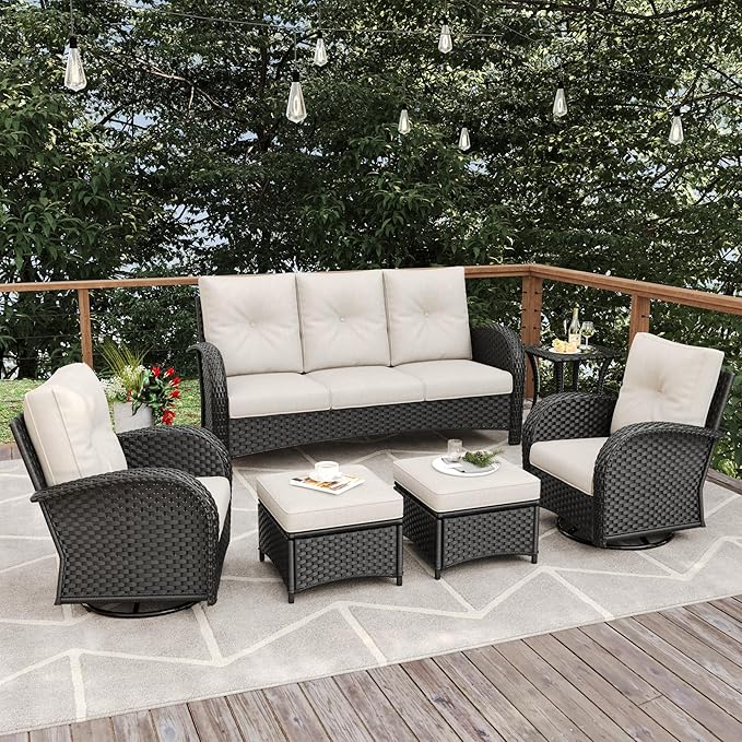 6 Pieces Patio Furniture Sets, Wicker Rattan High Back Outdoor Swivel Rocking Chairs Set with 3-Seat Couch, Ottomans and Side Table