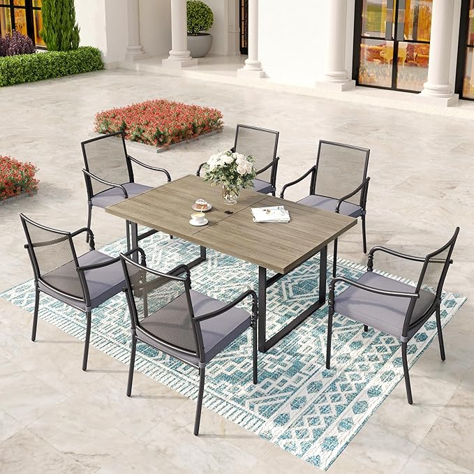 Patio Table and Chairs Set of 6, All-Weather Breathable Metal Mesh Patio Chair with Gourd-Shaped Armrests, 64x38 Wood-Like Table with Umbrella Hole, 7 Pcs Metal Frame Patio Dining Set