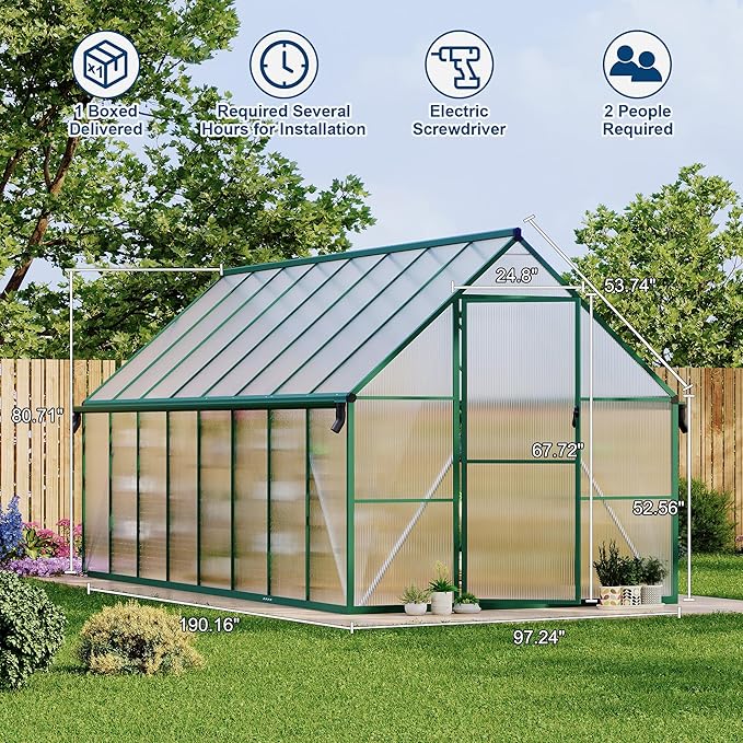 8X16 ft Polycarbonate Greenhouse with Aluminum Frame, Polycarbonate Greenhouse for Outdoors, Greenhouses with Ventilation and Rain Gutter, Aluminum Large Walk-in Greenhouses for Outside