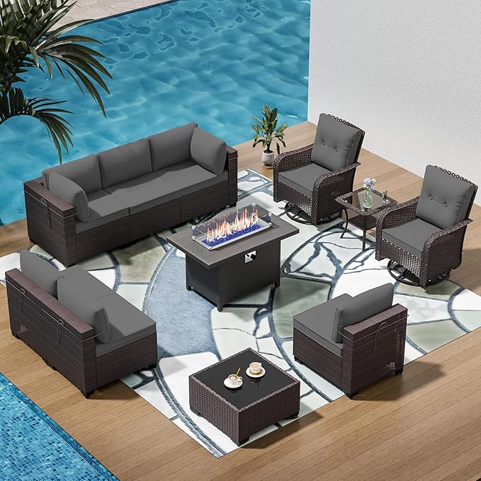 11 Pieces Outdoor Patio Furniture Set Outdoor Furniture Patio Sectional Sofa Conversation Sets w/ETL Approved 45" Gas Outdoor Fire Table & Coffee Table, Swivel Rocking Chair (Grey)