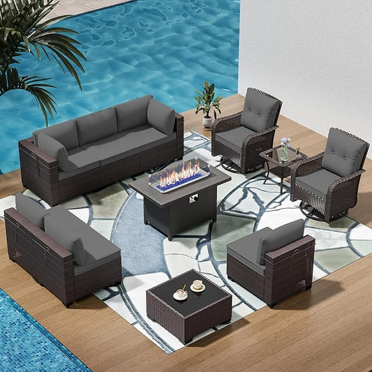 11 Pieces Outdoor Patio Furniture Set Outdoor Furniture Patio Sectional Sofa Conversation Sets w/ETL Approved 45" Gas Outdoor Fire Table & Coffee Table, Swivel Rocking Chair (Grey)
