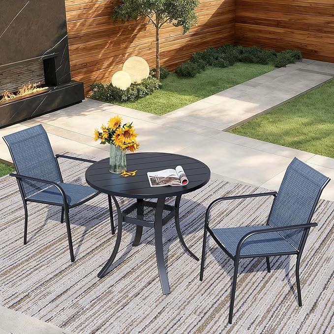 3 Pieces Round Dining Table Set for 2, Patio Dining Set Includes 2 Blue Stackable Patio Chairs and 27.6" Black Metal Round Table, Patio Furniture Sets with Sling Support for Outside, Garden
