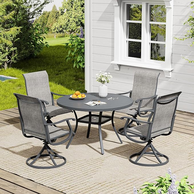 VICLLAX 5 Pieces Outdoor Dining Set, Patio Furniture Set of 4 Patio Swivel Dining Chairs and 41" Patio Round Table with Storage Shelf, Grey Chairs & Dark Grey Tabletop