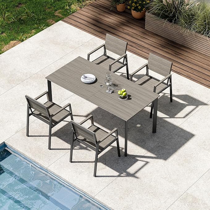 Outdoor Patio Dining set for 4，Aluminum & HDPE 5 Piece Patio Table and Chairs Set with Umbrella Hole, Modren Rectangular Patio Furniture Set with All-weather Table and 4 chairs (Classic Gray)
