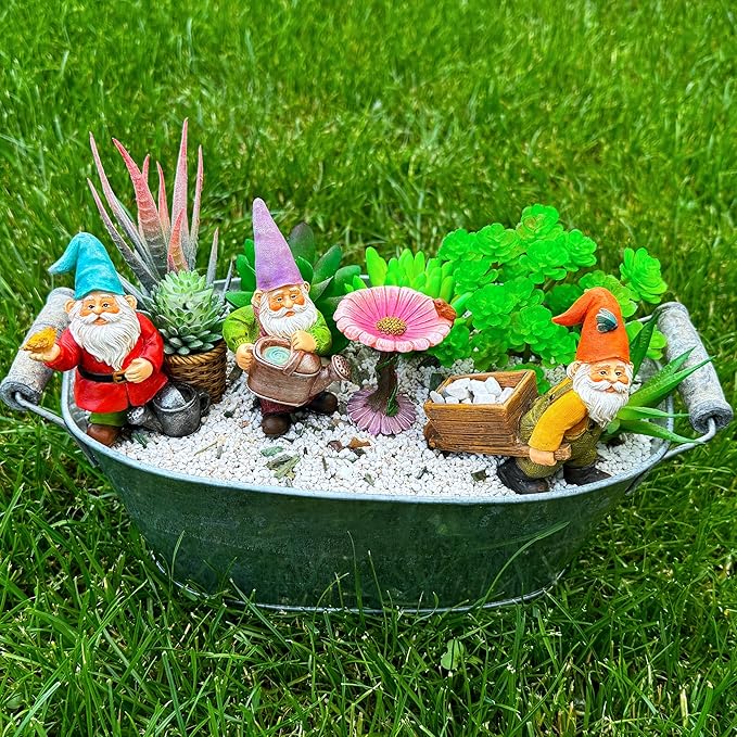 Mood Lab Miniature Gardening Gnomes Set of 4 pcs - 3,5" H Garden Gnome Figurines & Accessories Kit - Outdoor or House Decor