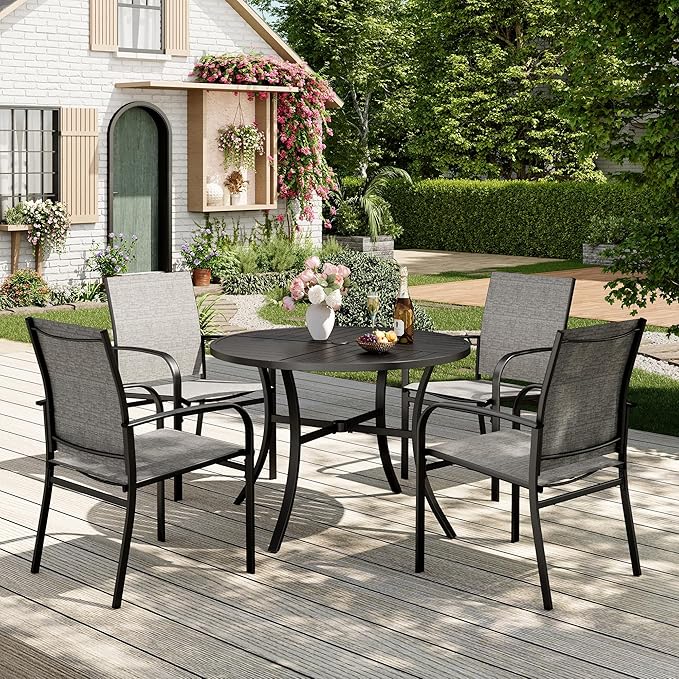 Patio Table and Chairs Set for 4, 5 Pieces Outdoor Dining Set, 4 Brown Textilene Chairs and 42" Metal Round Table with Umbrella Hole, for Deck Garden Backyard Lawn Poolside