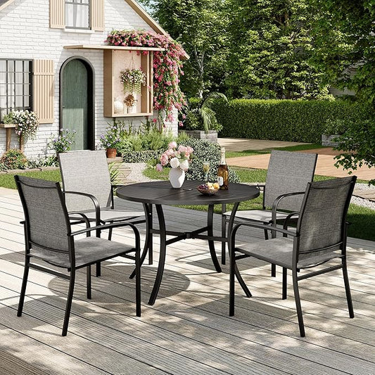 Patio Table and Chairs Set for 4, 5 Pieces Outdoor Dining Set, 4 Brown Textilene Chairs and 42" Metal Round Table with Umbrella Hole, for Deck Garden Backyard Lawn Poolside