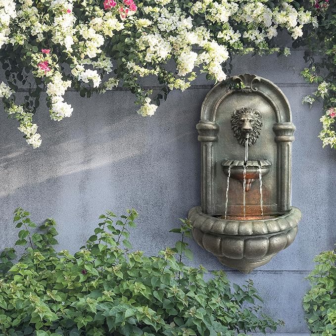 Teamson Home 32.1 in. Wall-Mounted Lion Head Stone LED Outdoor Water Fountain for Gardens, Landscaping, Patios, Balconies, Lawns to Create a Calming Oasis in Outdoor Living Spaces, Antique Bronze
