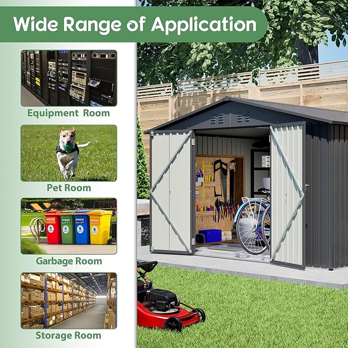 10x8 FT Outdoor Storage Shed with Floor Frame Structure and Lockable Doors, Durable and Sturdy Meta Sheds with Waterproof Roof Garden Tool Shed Ideal for Backyard Patio (Black