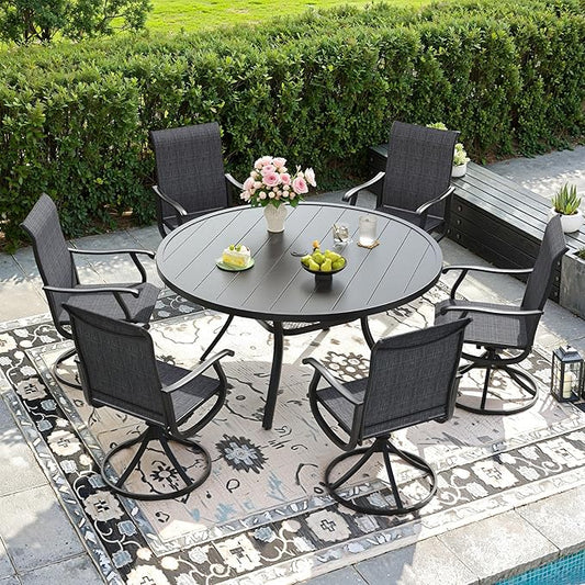 DIFY 7 Pieces Outdoor Patio Dining Set, 6 Dark Grey Textilene Swivel Dining Chairs and 47.2" Black Round Dining Table, Metal Outdoor Table and Chairs