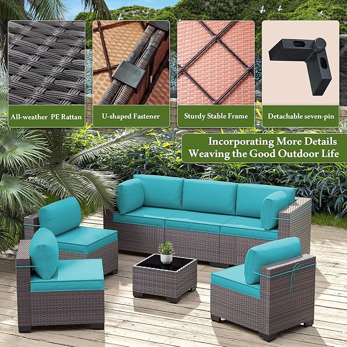 Outdoor Patio Furniture Set, 9 Pieces Outdoor Furniture All Weather Patio Sectional Sofa PE Wicker Modular Conversation Sets with Coffee Table,8 Chairs & Seat Clips(Turquoise Blue)