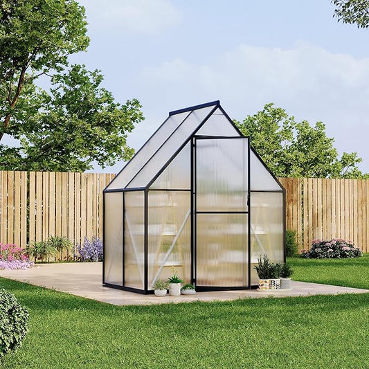 6X4 ft Polycarbonate Greenhouse with Aluminum Frame, Polycarbonate Greenhouse for Outdoors, Greenhouses with Ventilation and Rain Gutter, Aluminum Large Walk-in Greenhouses for Outside
