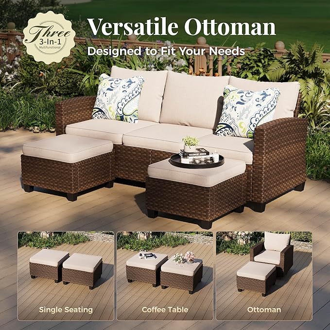 Patio Furniture Set, 8 Pcs Wicker Rattan Outdoor Conversation Set, 4 x Leg Chairs, 1 x 3 Seater Sofa and 2 x Ottoman with 4" Thick Cushion and 56" Fire Pit Table, Beige