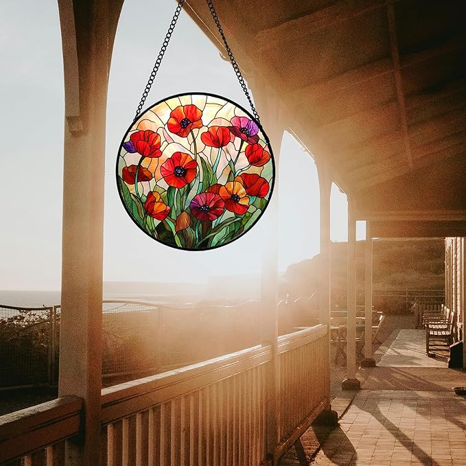 Stained Glass Window Hanging - Poppy Birth Flowers Suncatcher for Door Garden Yard Wildflowers Sun Catchers Decor Christmas Mother's Day Birthday Gifts for Women Mom Nana Friend 6.3 in