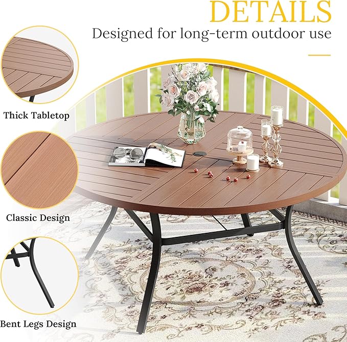 VICLLAX 9 Pieces Patio Dining Set for 8 Includes 60" Outdoor Round Table and 8 Patio Swivel Chairs for Lawn Garden, Walnut Tabletop and Mixed Brown Fabric
