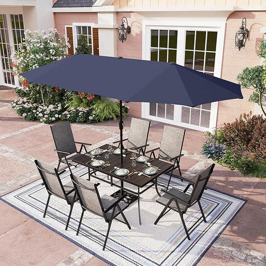 PHI VILLA 7 Piece Patio Dining Furniture Set with Umbrella, Outdoor Dining Set with Patio Table and Chairs Set, Adjustable Grey Folding Patio Chairs for Garden