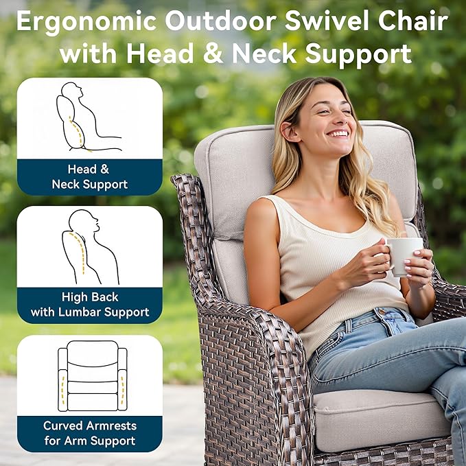 Luxury High Back Outdoor Swivel Rocker Patio Chairs with Side Table & 6-Inch Thick Cushions, 3 Pieces Patio Furniture Set for Porch, Balcony, Deck and Yard