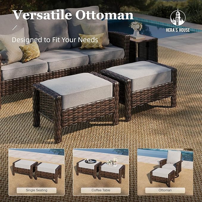 HERA'S HOUSE Grey Patio Furniture Set, High Back Wicker Sofa, Swivel Chairs with 5.5" Thick Cushions, 6-Piece Outdoor Seating Conversation Sets with Fire Pit Table & Ottomans for Deck Yard Garden