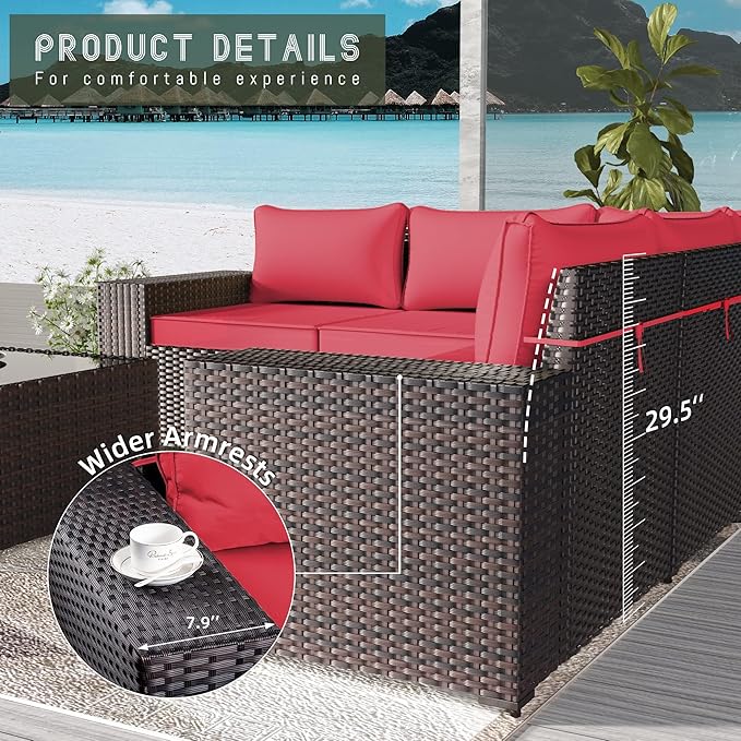 Outdoor Patio Furniture Set with Propane Fire Pit Table, 7 Pieces Outdoor Furniture Patio Sectional Sofa Conversation Sets w/ETL Approved 43" Gas Outdoor Fire Table & Coffee Table RED.