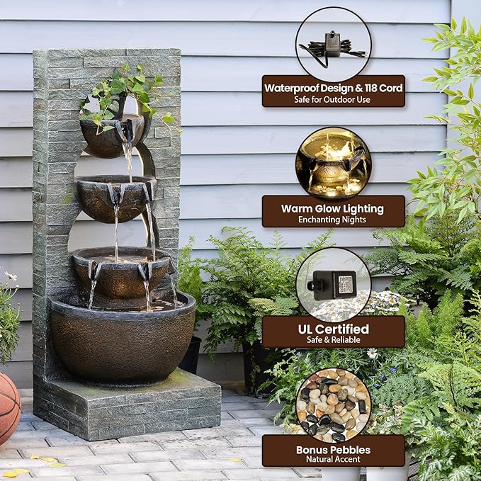 Water Fountain Outdoor Garden Waterfall Large Water Feature Tiered Freestanding Cascade Fountains Bowl Modern Artistry with LED Strip for Patio Yard Deck Home Decor, 43 inches, Brown