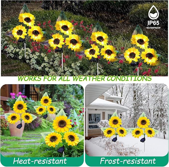 ANGMLN Solar Sunflower Outdoor Garden Lights, 4 Pack with 12 Sunflower Waterproof Garden Decor, Gifts for Mom Grandma, Waterproof Decorative Lights for Pathways Patios and Yards Decorations