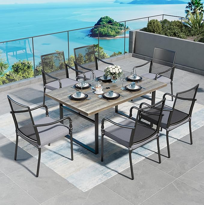 Patio Table and Chairs Set of 6, All-Weather Breathable Metal Mesh Patio Chair with Gourd-Shaped Armrests, 64x38 Wood-Like Table with Umbrella Hole, 7 Pcs Metal Frame Patio Dining Set