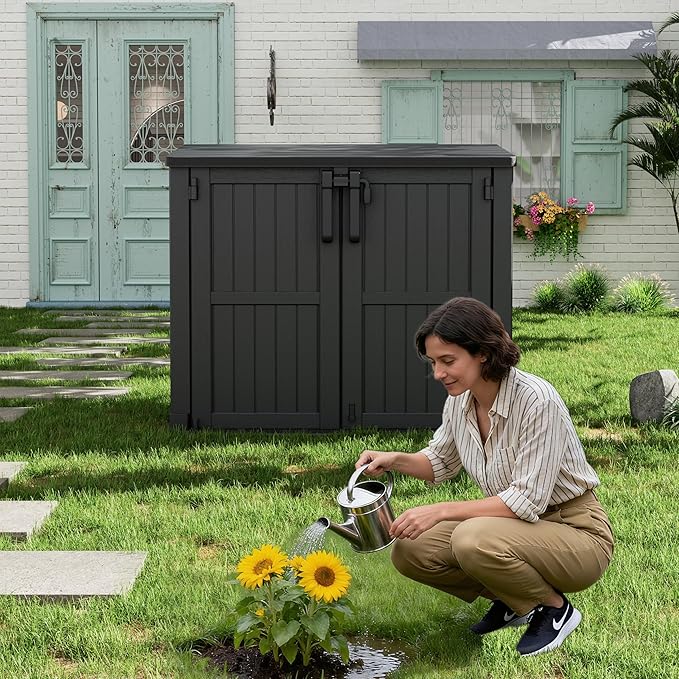 Light Gray Outdoor Resin Storage Shed 36 Cu. Ft. Garden Horizontal Storage Extra Large Capacity Weather Resistant Storage Box, Lockable Resin Waterproof Shed for Garbage Cans, Garden Tools