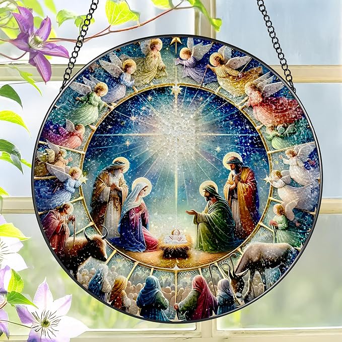 Stained Glass Window Hanging, LAOWEIKI 8'' Nativity Scene Suncatcher, Stained Glass Ornament, Window Decor, Outdoor or Indoor, Christian Gifts, Religious Gifts for Women