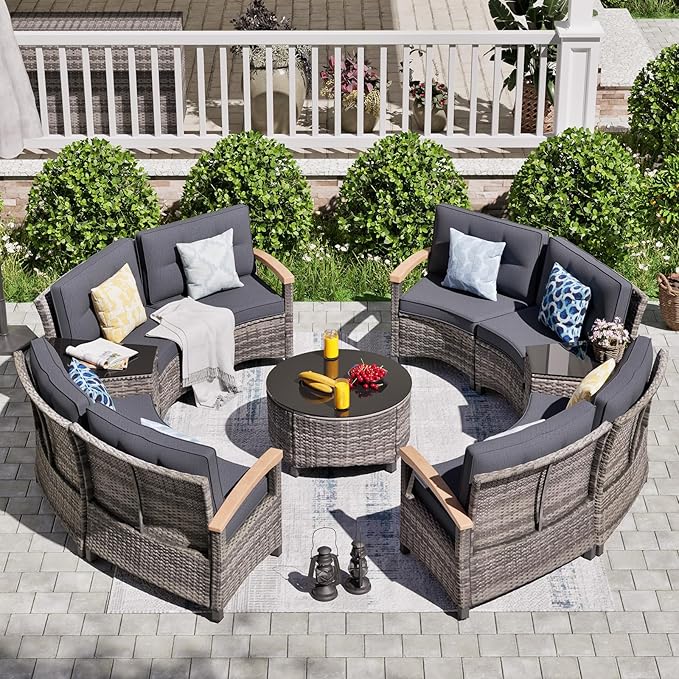 MEISSALIVVE 11 Piece Outdoor Patio Furniture Set, Half-Moon Curved Sectional Sofa Rattan Conversation Set with Wood Armrests, Coffee Table & 2 Side Table（Grey）